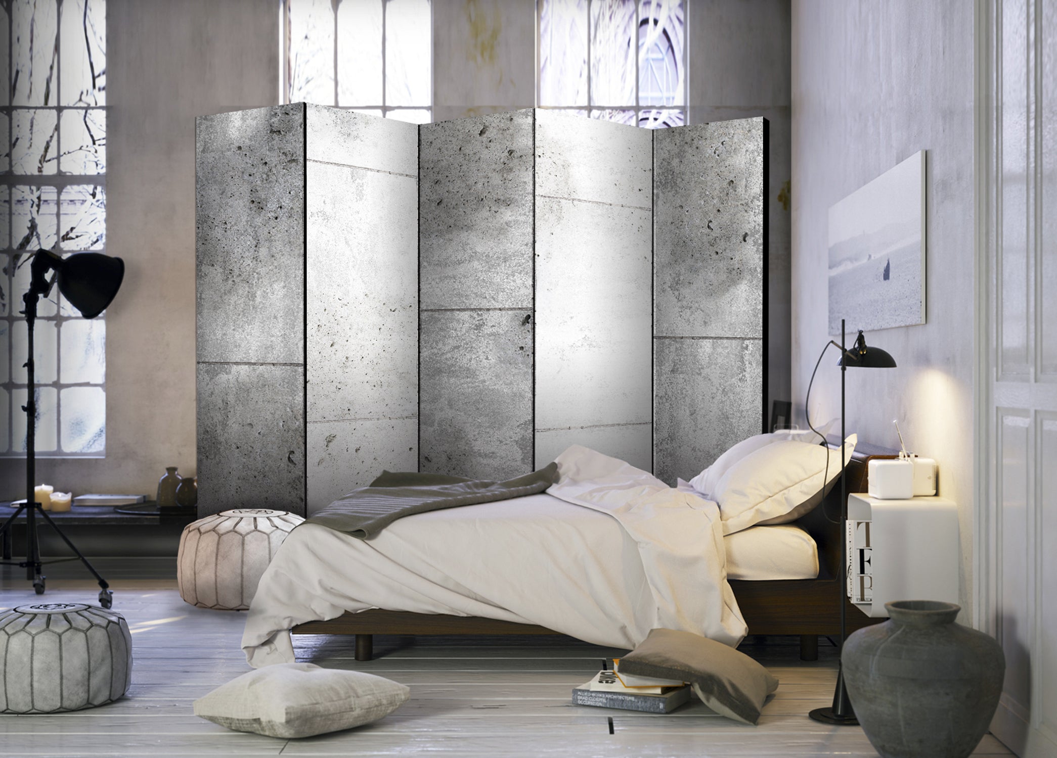Concrete Texture Grey 5-Panel Room Divider