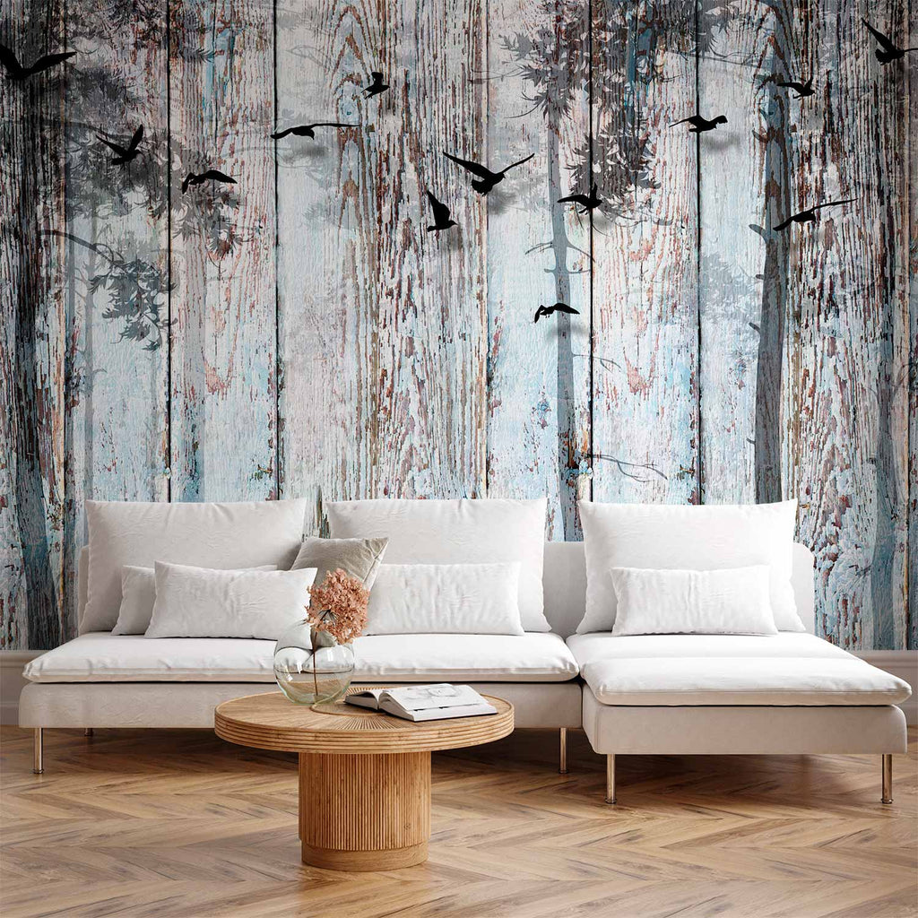 Forest Birds Wood Texture Wall Mural