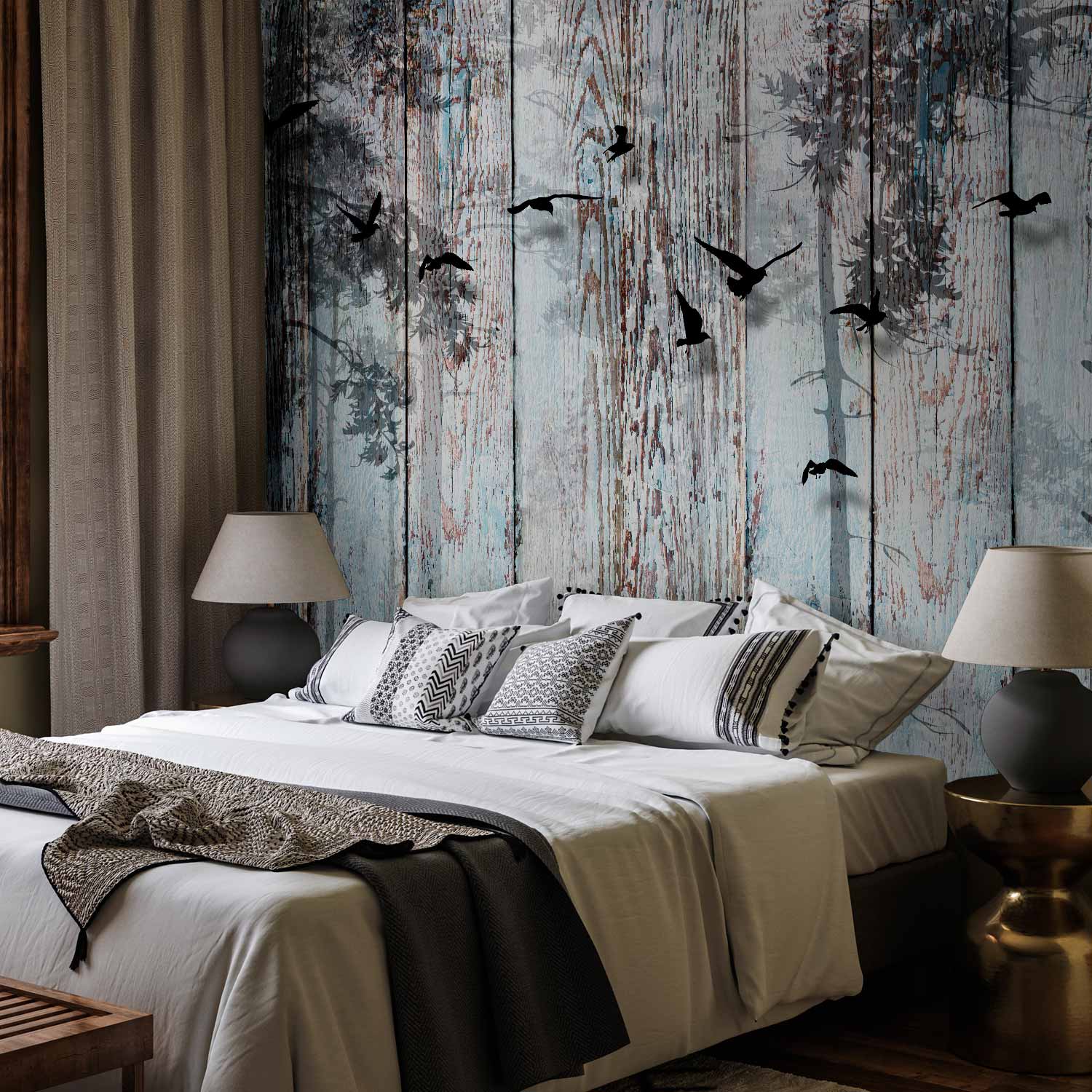 Forest Birds Wood Texture Wall Mural