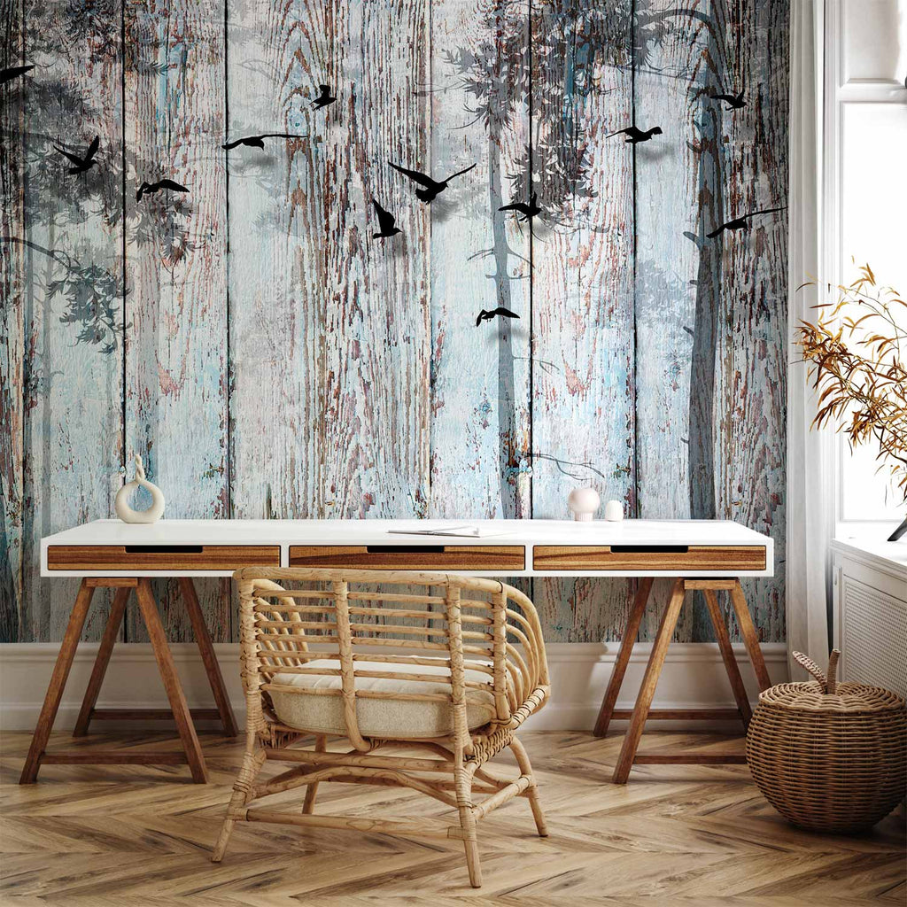 Forest Birds Wood Texture Wall Mural