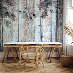 Forest Birds Wood Texture Wall Mural