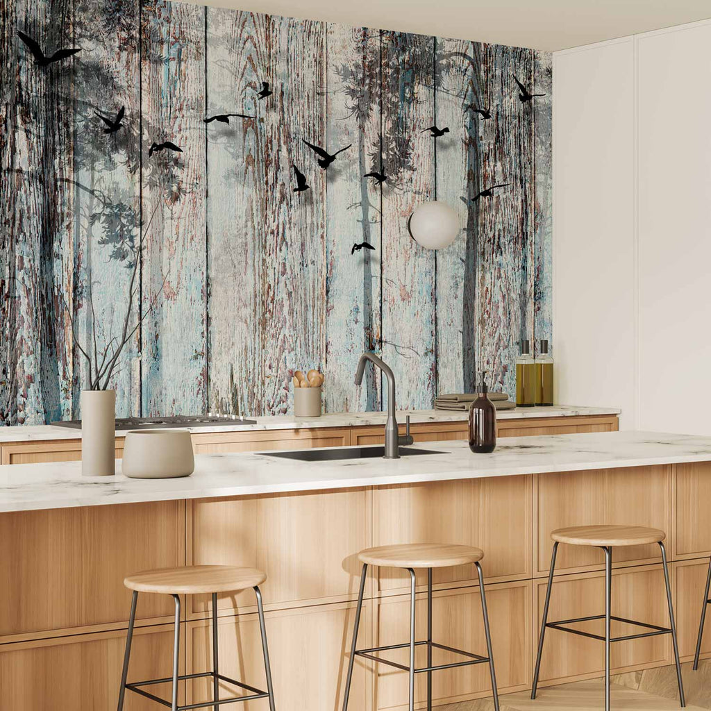 Forest Birds Wood Texture Wall Mural