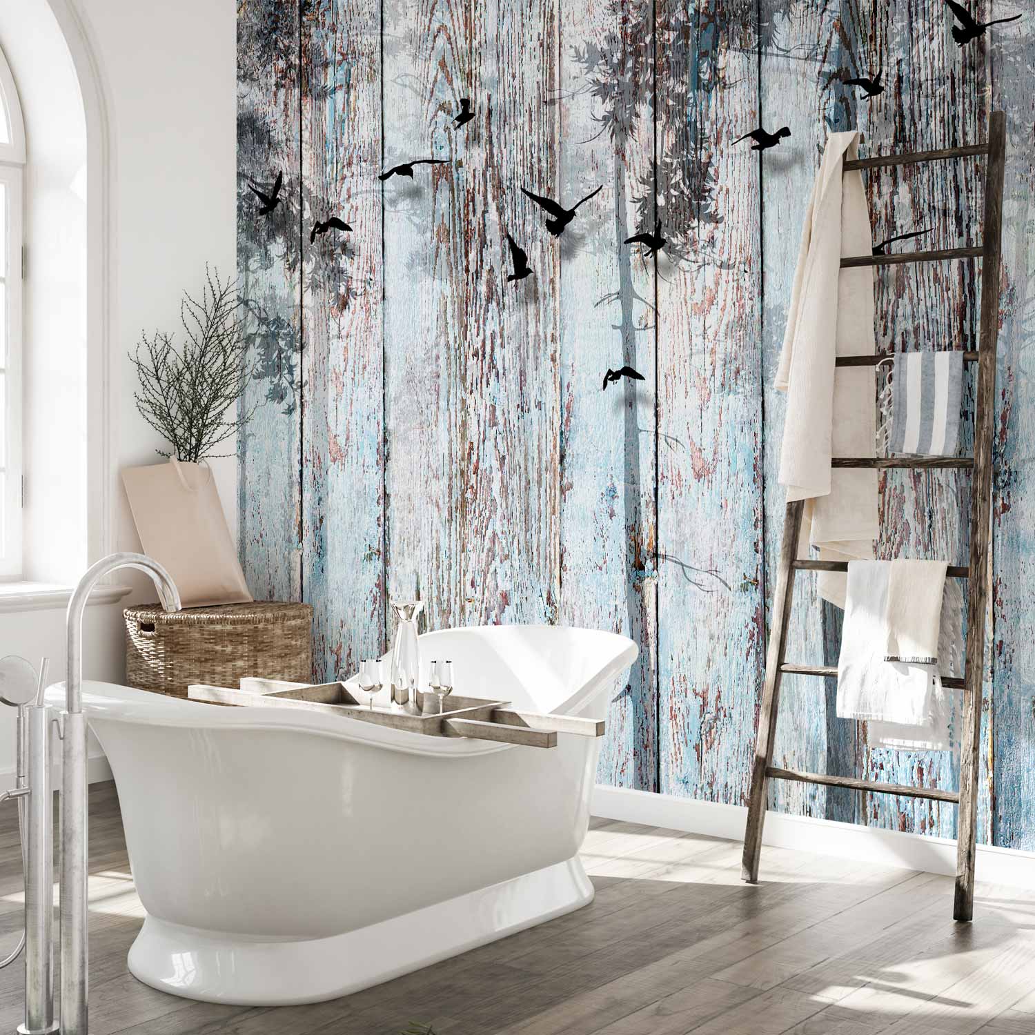 Forest Birds Wood Texture Wall Mural