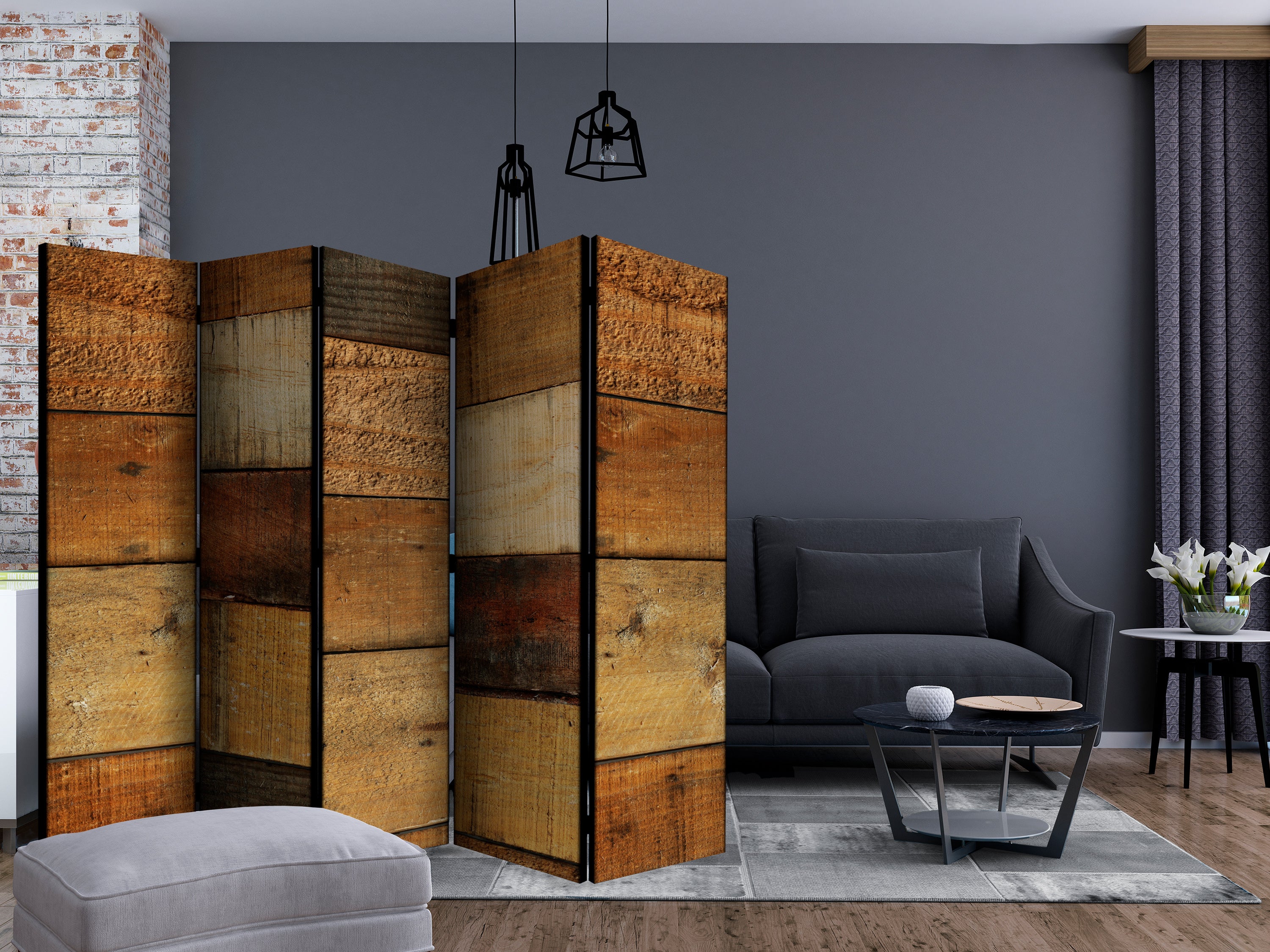 Wood Texture Rustic 5-Panel Room Divider