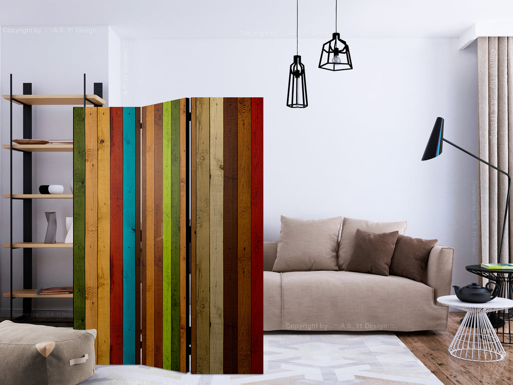 Wooden Rainbow Stripes 3-Panel Room Divider