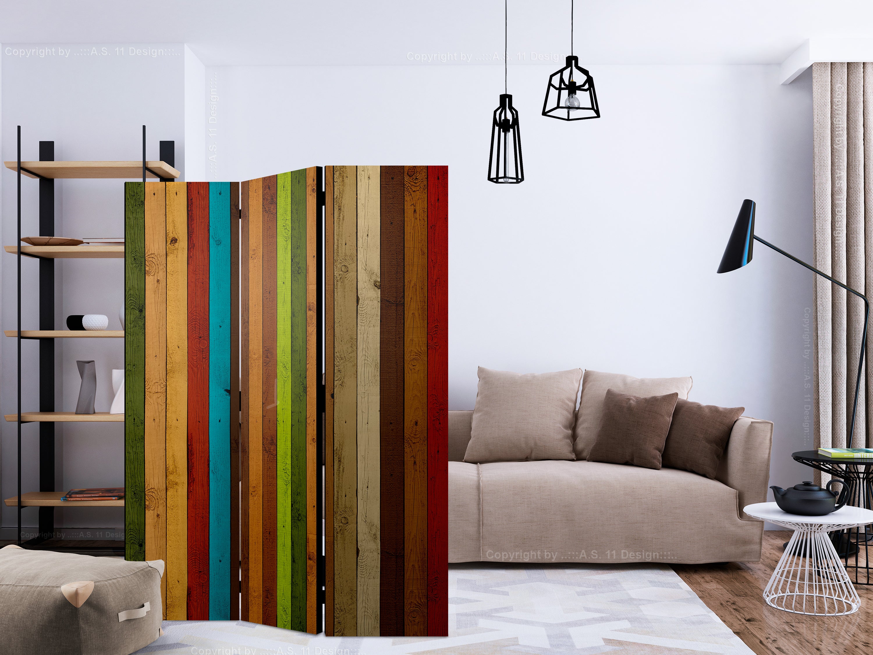 Wooden Rainbow Stripes 3-Panel Room Divider