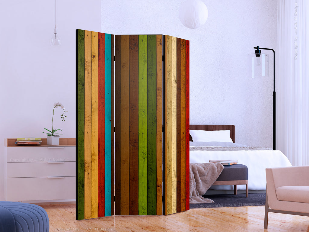 Wooden Rainbow Stripes 3-Panel Room Divider