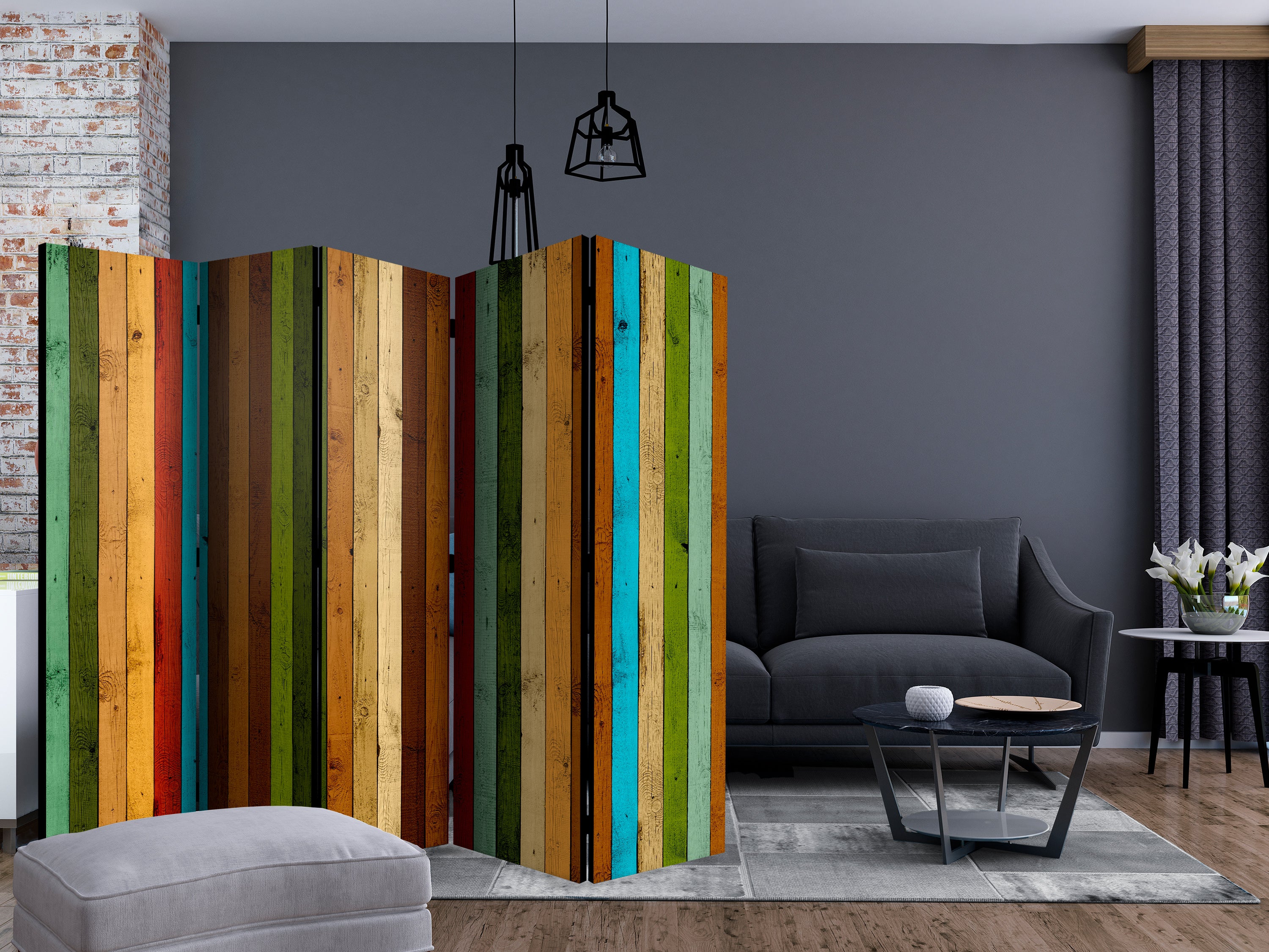 Wooden Rainbow Stripes 5-Panel Room Divider