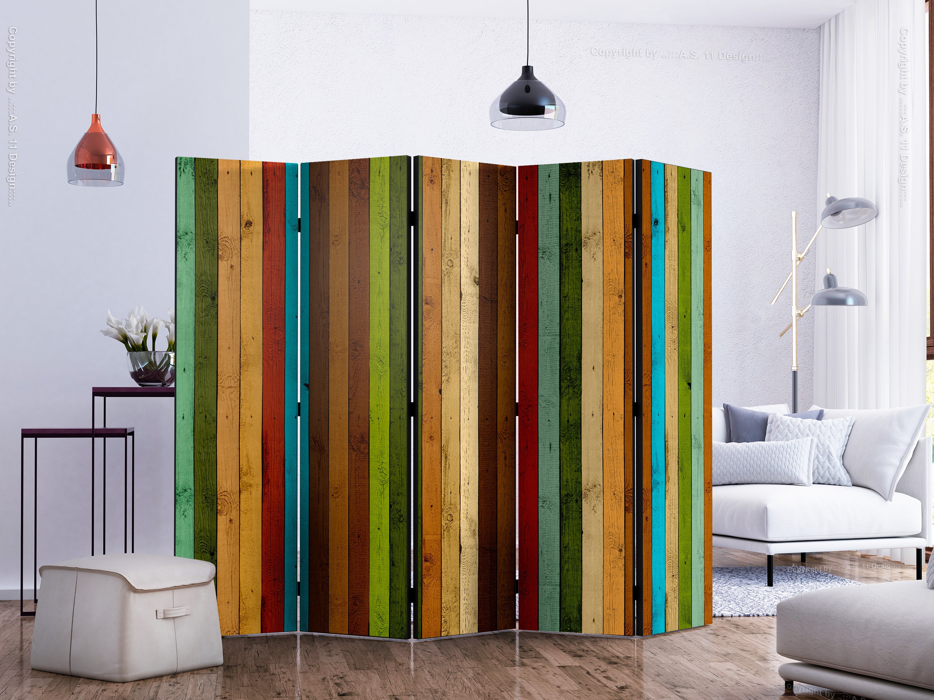 Wooden Rainbow Stripes 5-Panel Room Divider