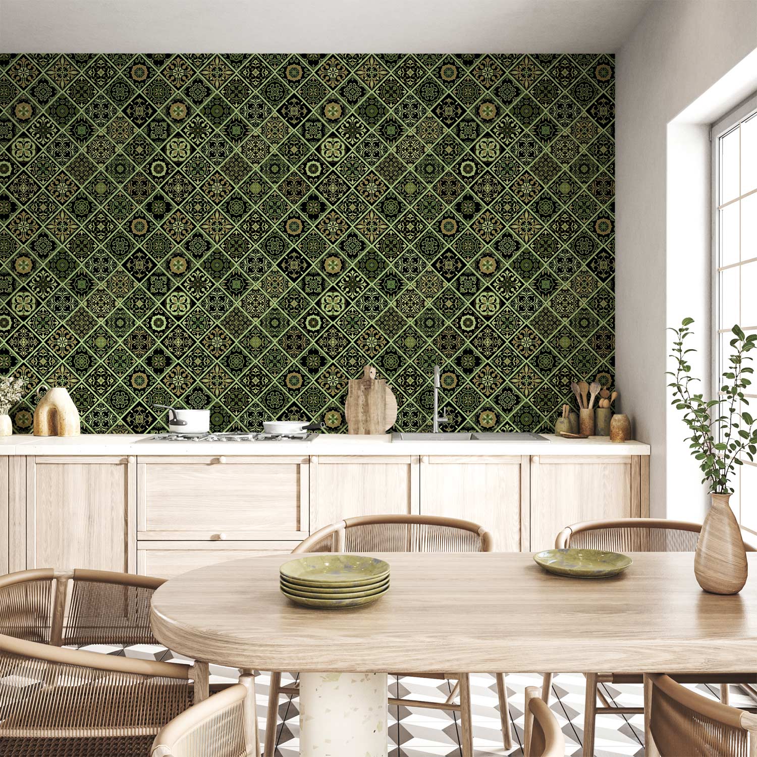 Olive Mosaic Abstract Pattern Wallpaper