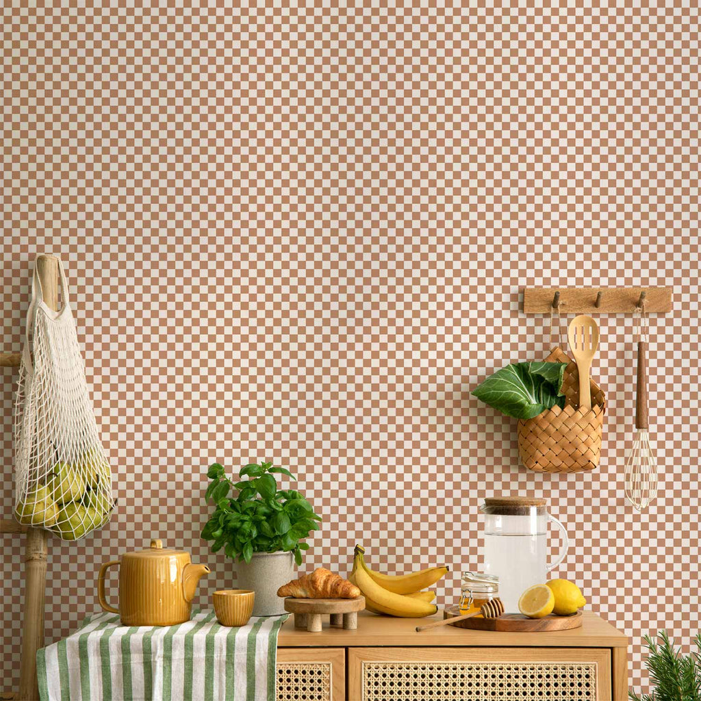 Brown White Checkerboard Grid Wallpaper
