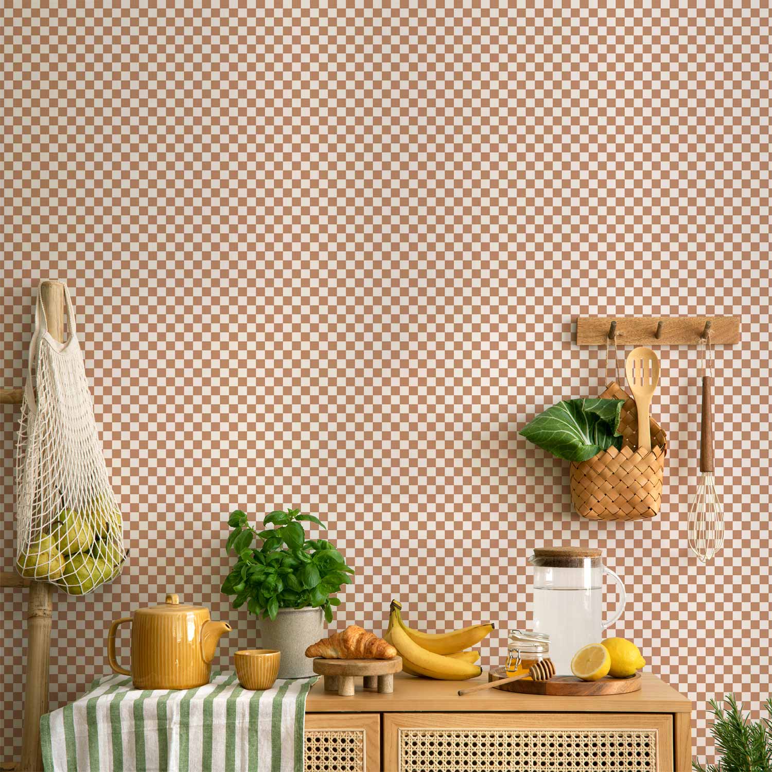Brown White Checkerboard Grid Wallpaper
