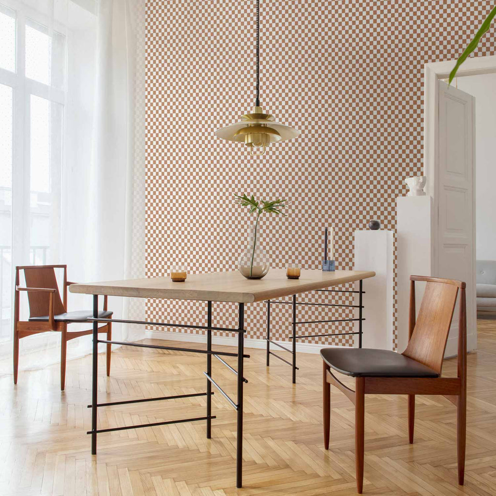 Brown White Checkerboard Grid Wallpaper