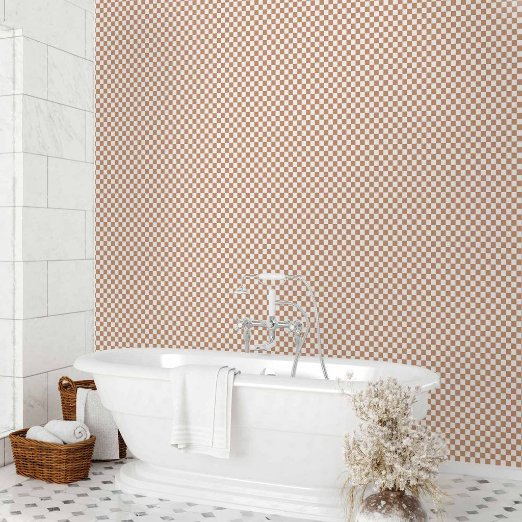 Brown White Checkerboard Grid Wallpaper