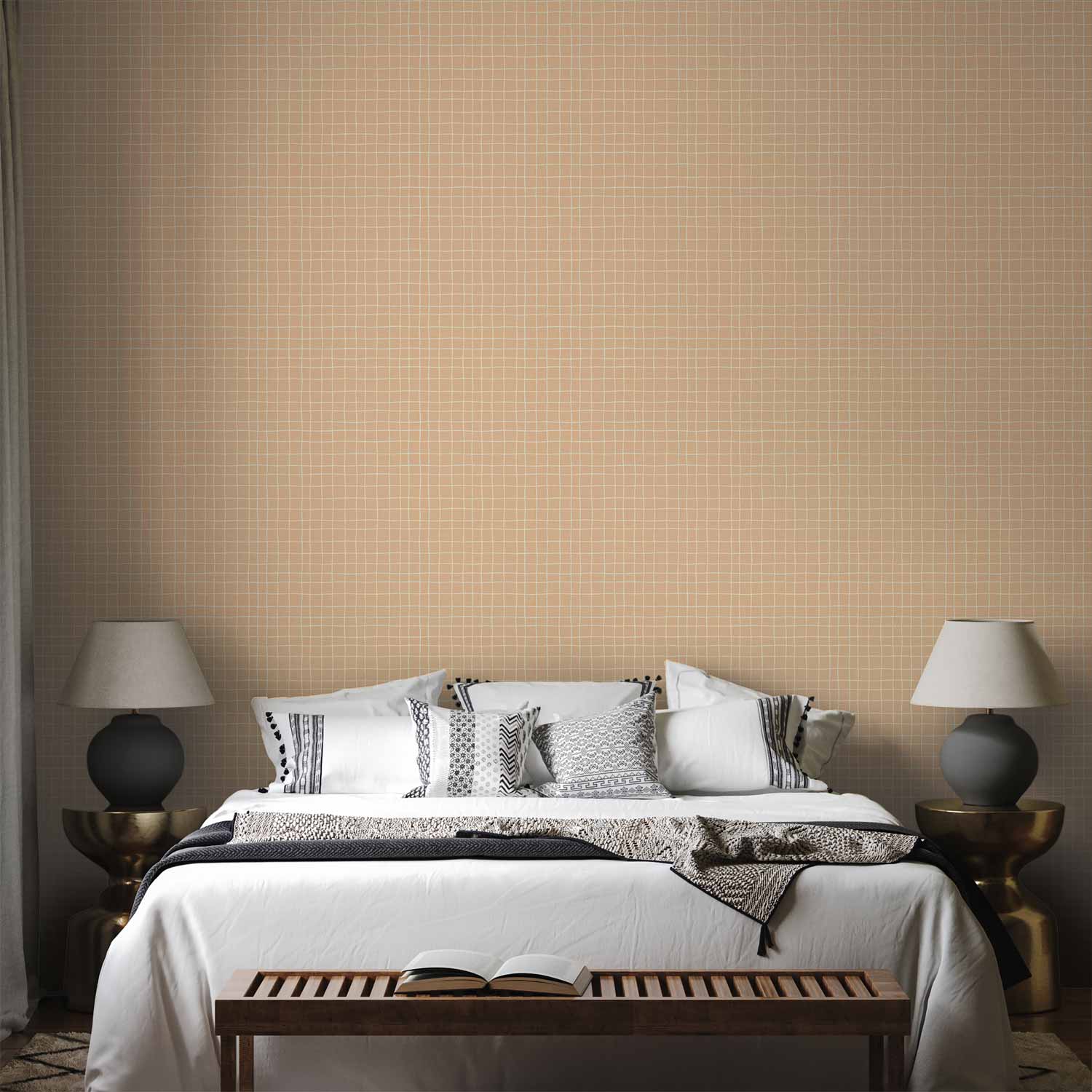 Waving Lines Cream Grid Abstract Wallpaper