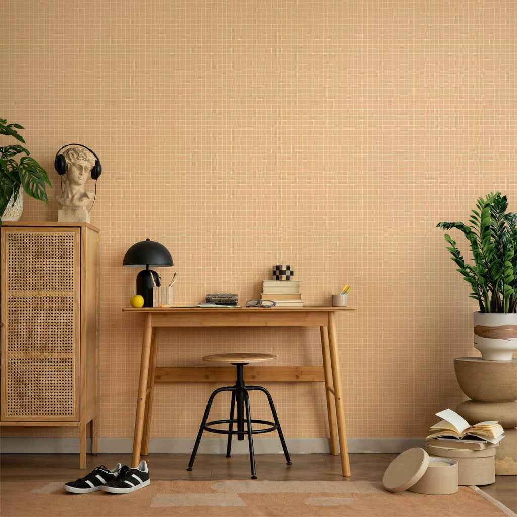 Waving Lines Cream Grid Abstract Wallpaper