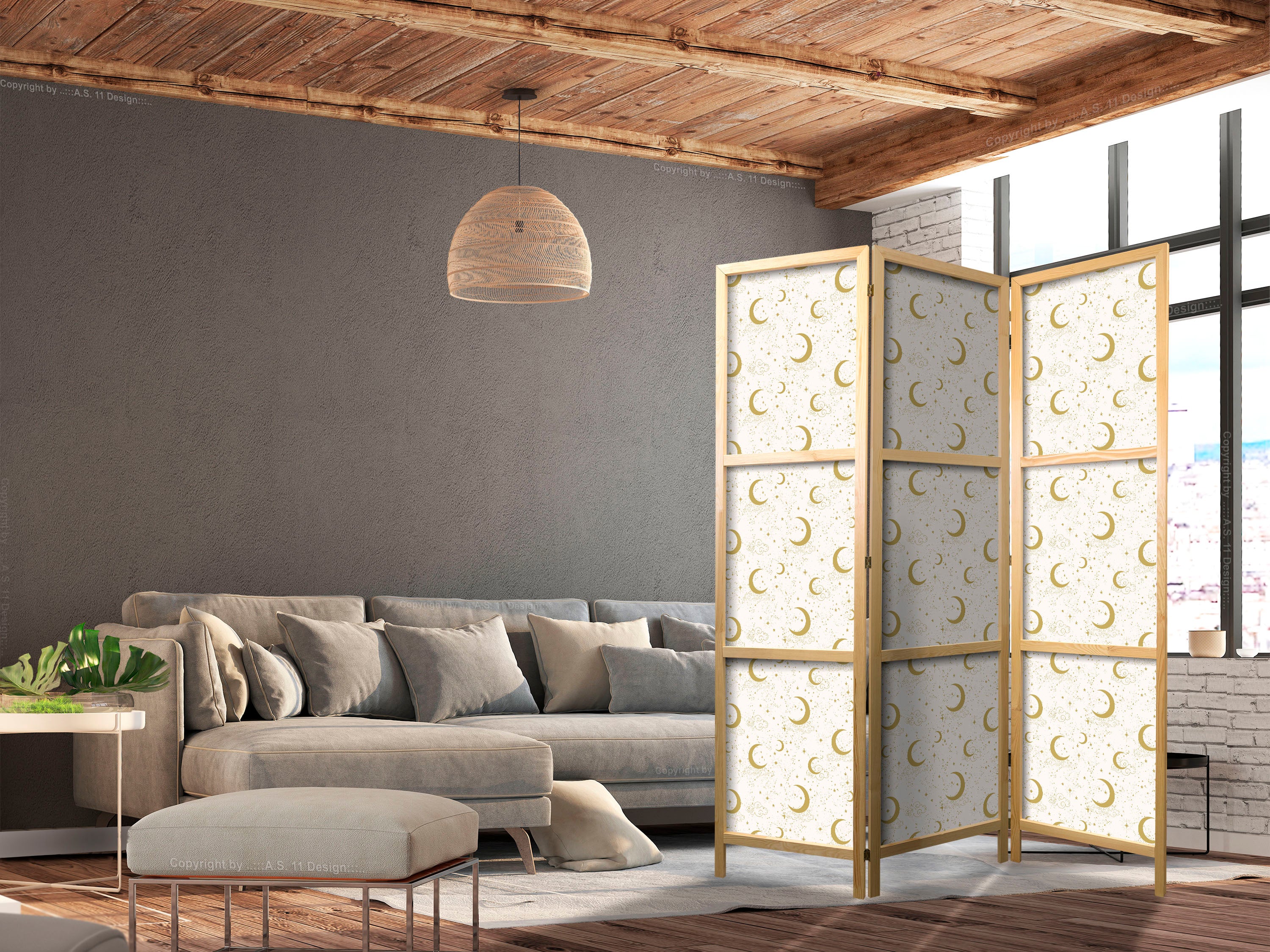 Japanese Room Divider Moonlit Nights Delicate Moons and Clouds in Warm Tones