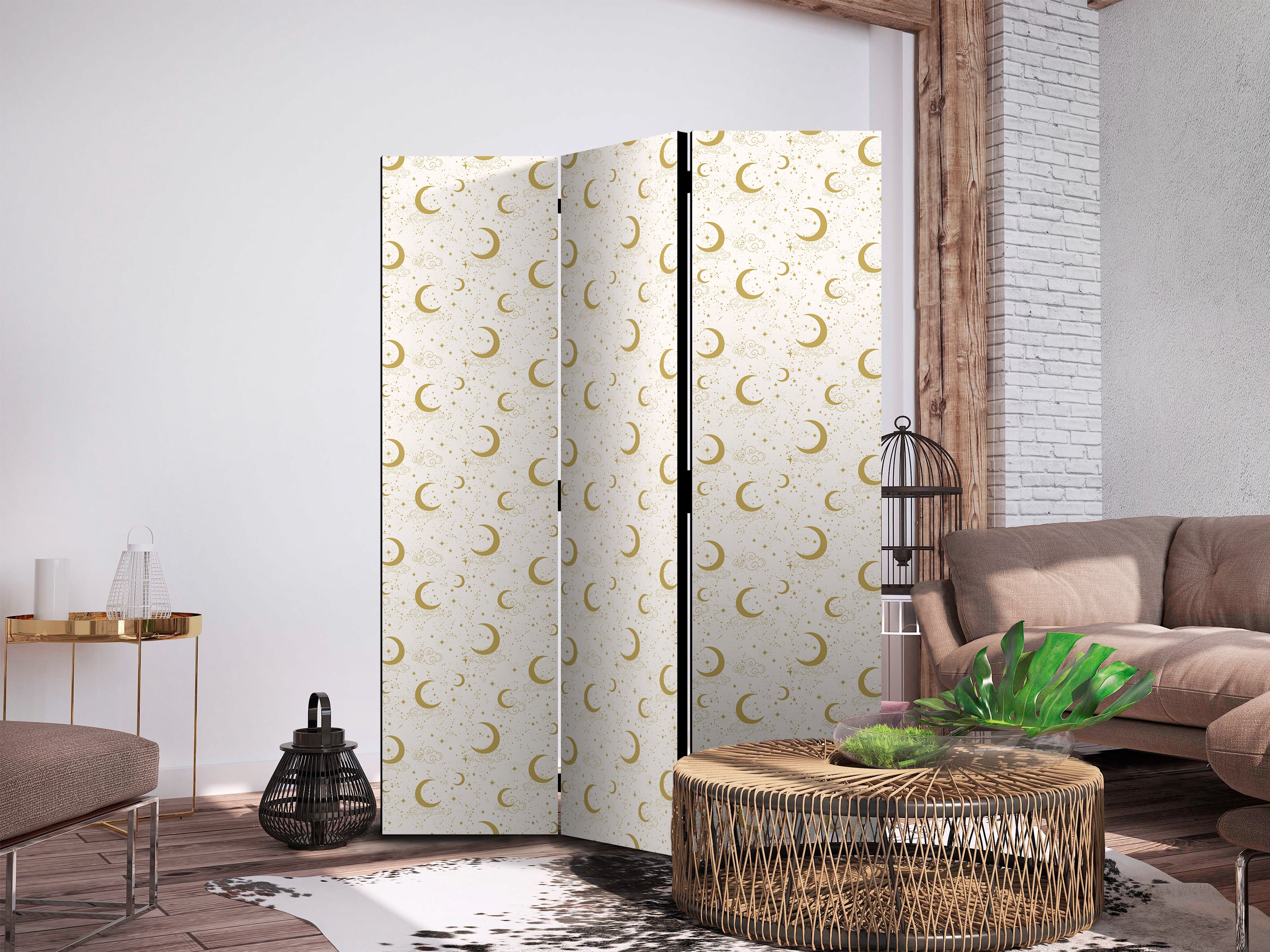 Room Divider Moonlit Nights - Delicate Moons and Clouds in Warm Tones