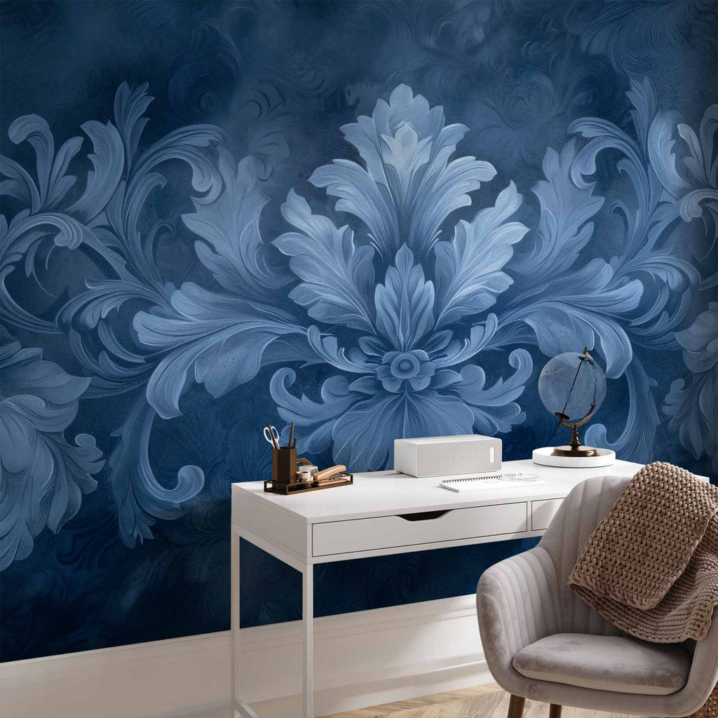 Blue Baroque Ornament Dark Blue Wall Mural