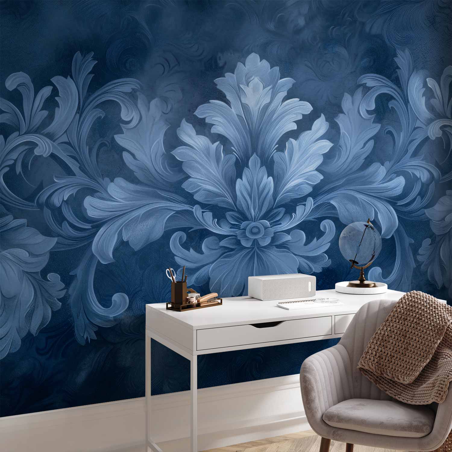 Blue Baroque Ornament Dark Blue Wall Mural