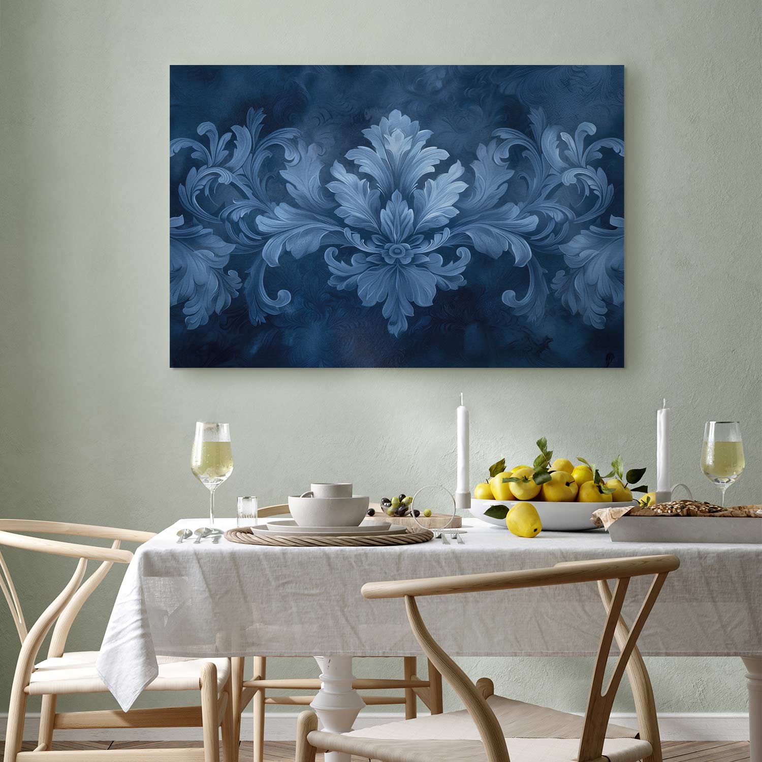 Blue Baroque Ornament Dark Background Canvas Print