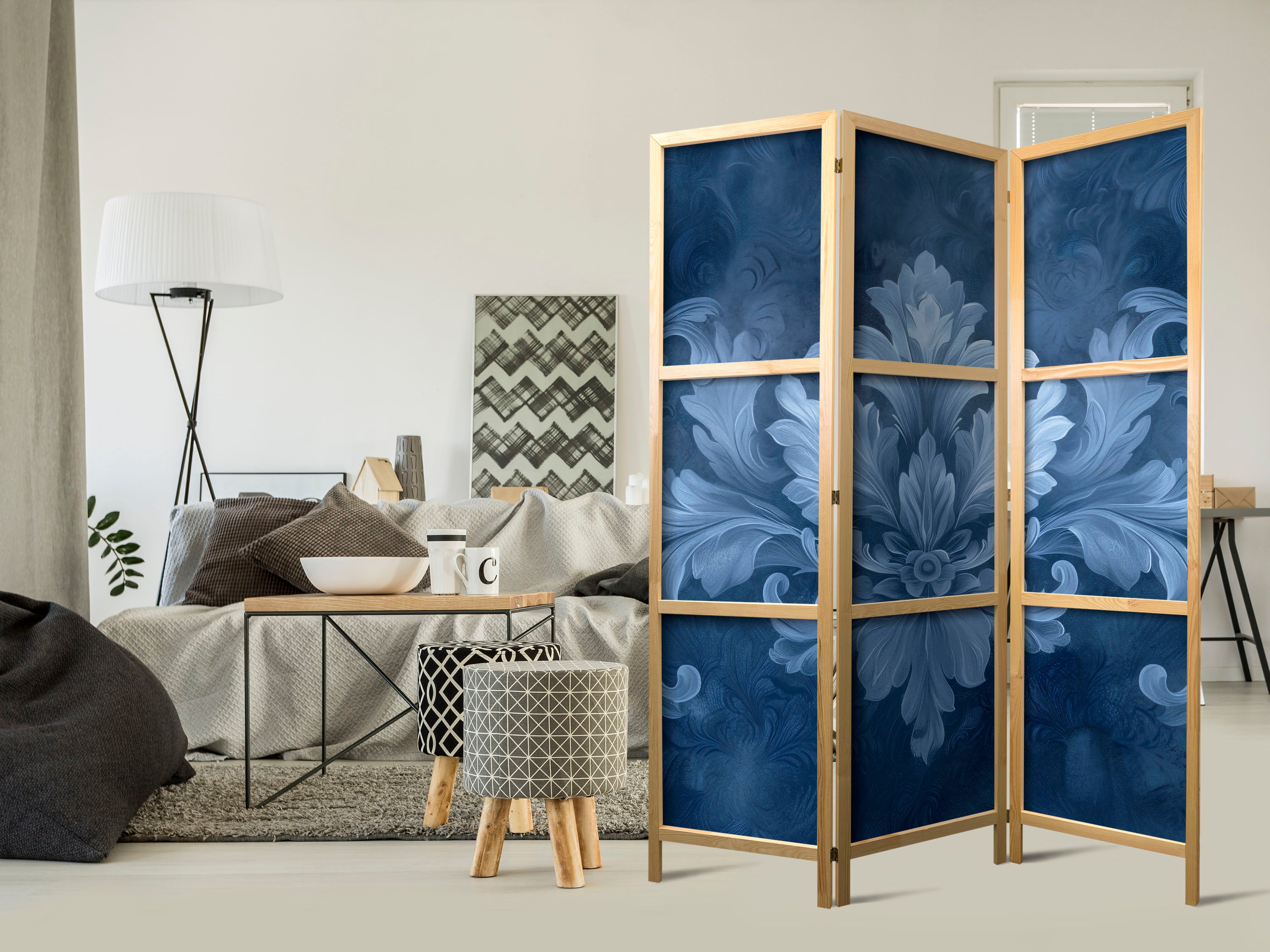 Japanese Room Divider - 3-Panel Flower Design in Blue