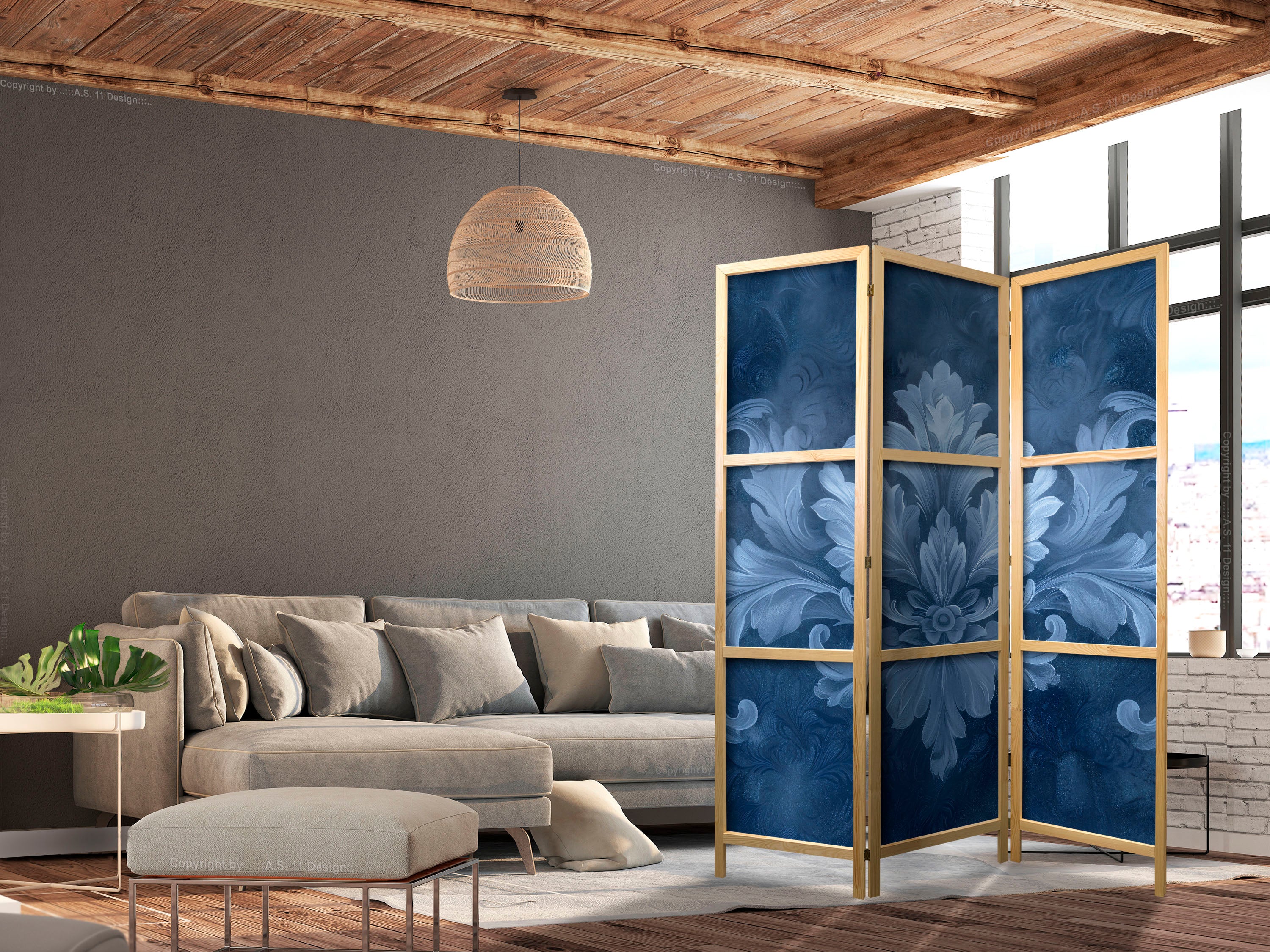 Japanese Room Divider - 3-Panel Flower Design in Blue