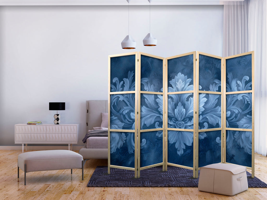 Blue Floral Ornament 5-Panel Japanese Room Divider