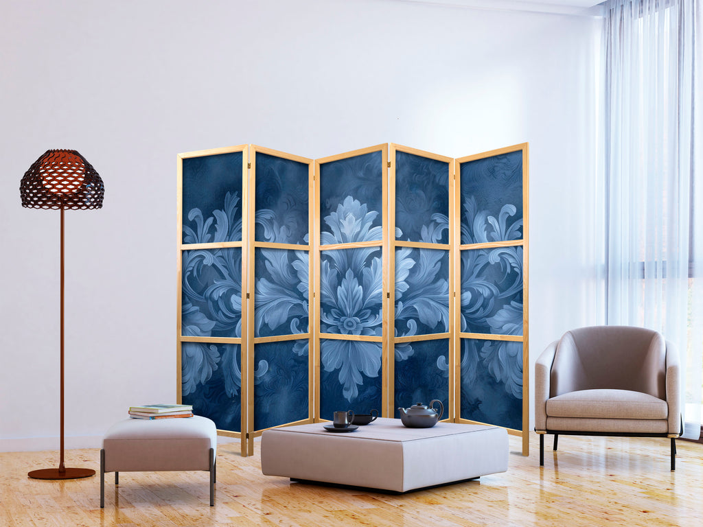 Blue Floral Ornament 5-Panel Japanese Room Divider
