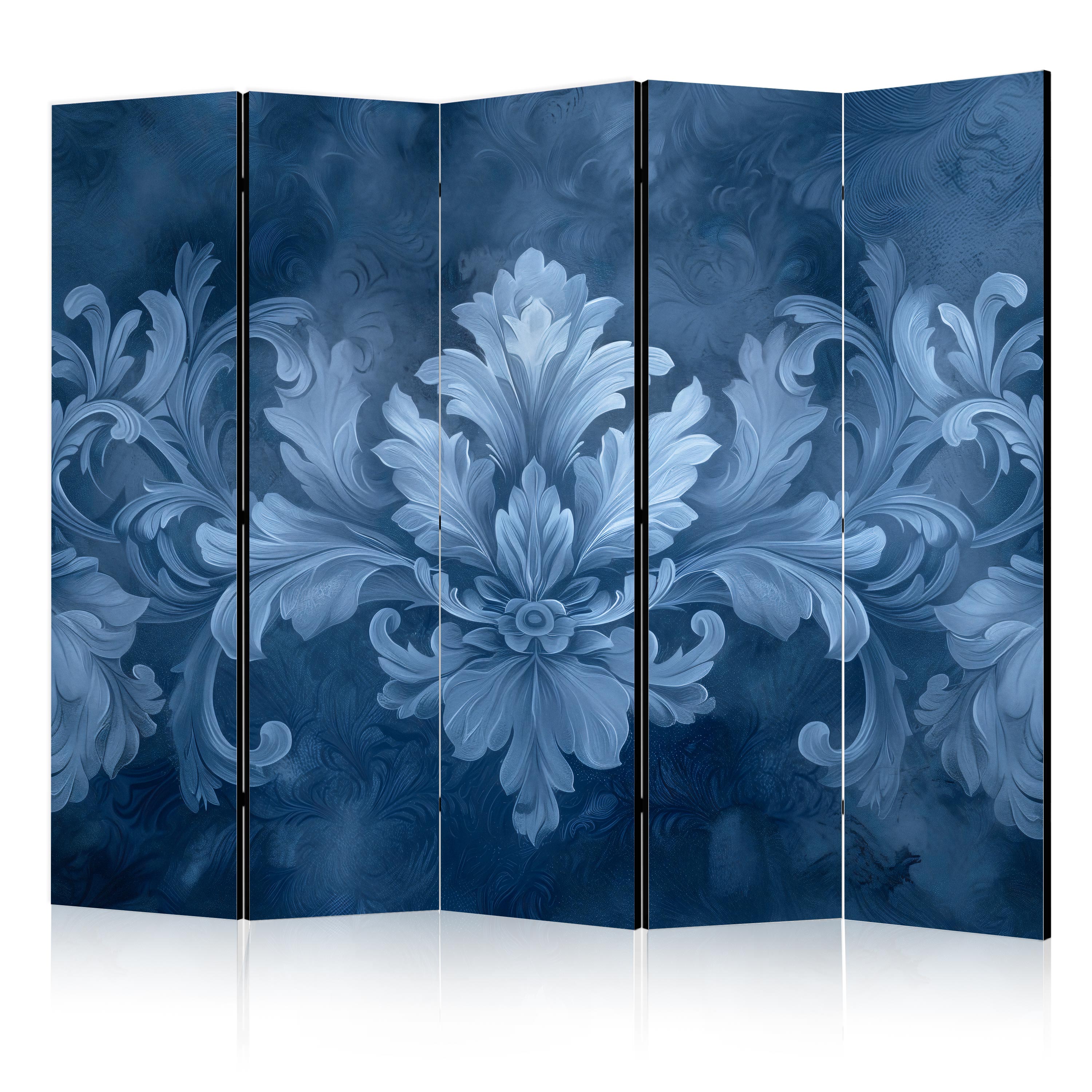 Room Divider - Flower Pattern in Blue and White (5-Panel)