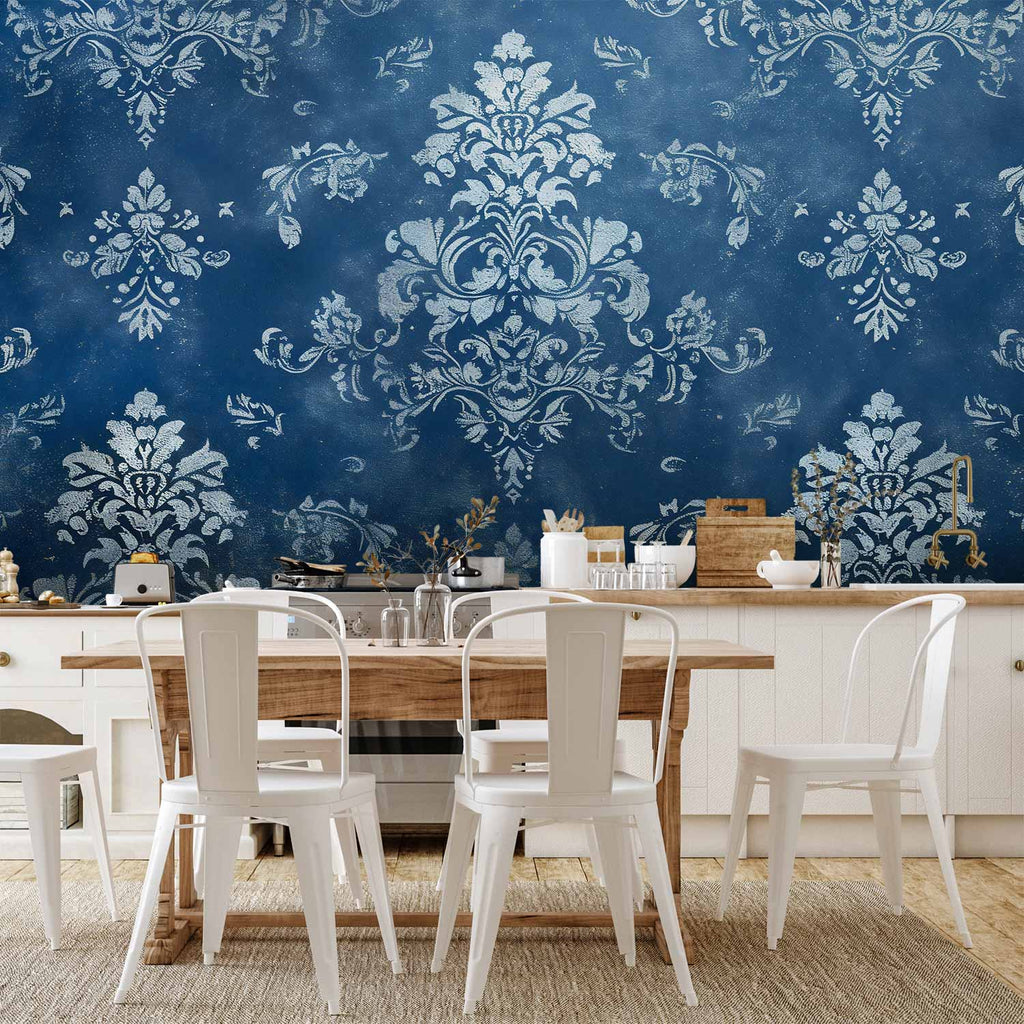Wall Mural Retro Ornament Decorative Motif in Worn Blues