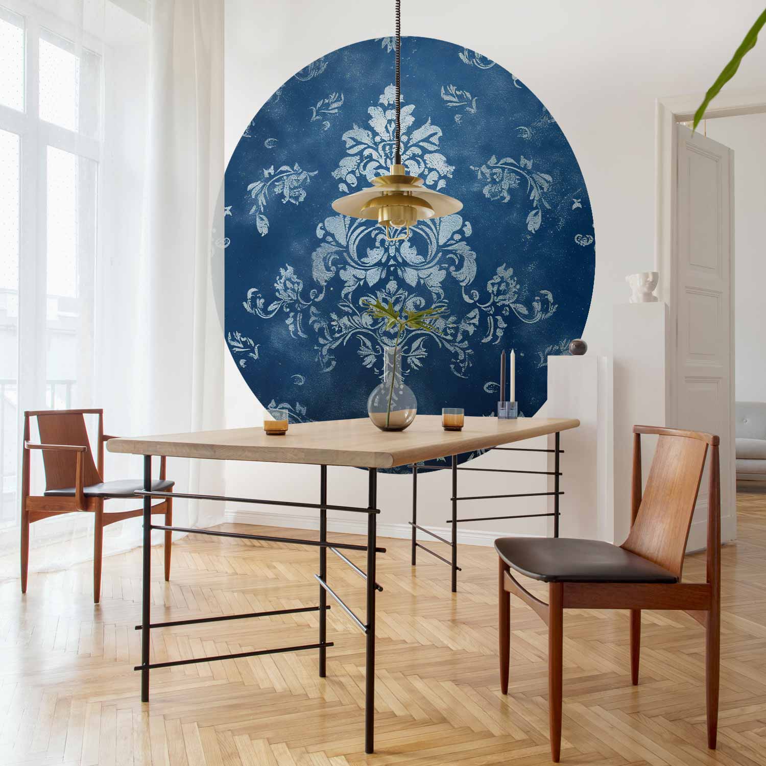 Faded Blue Baroque Ornament Round Wall Mural