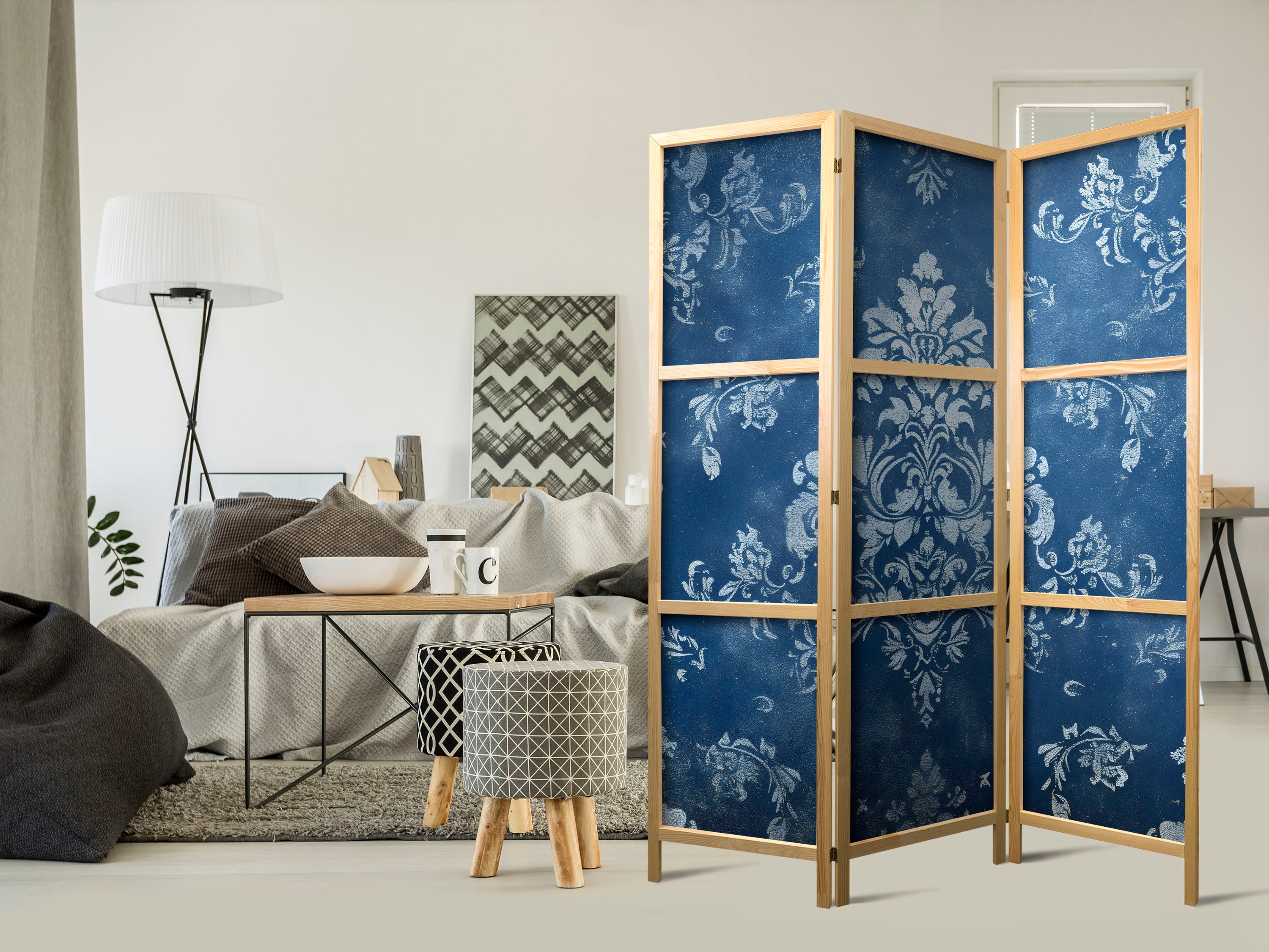 Japanese Room Divider 3-Panel Floral Screen - Retro Ornament