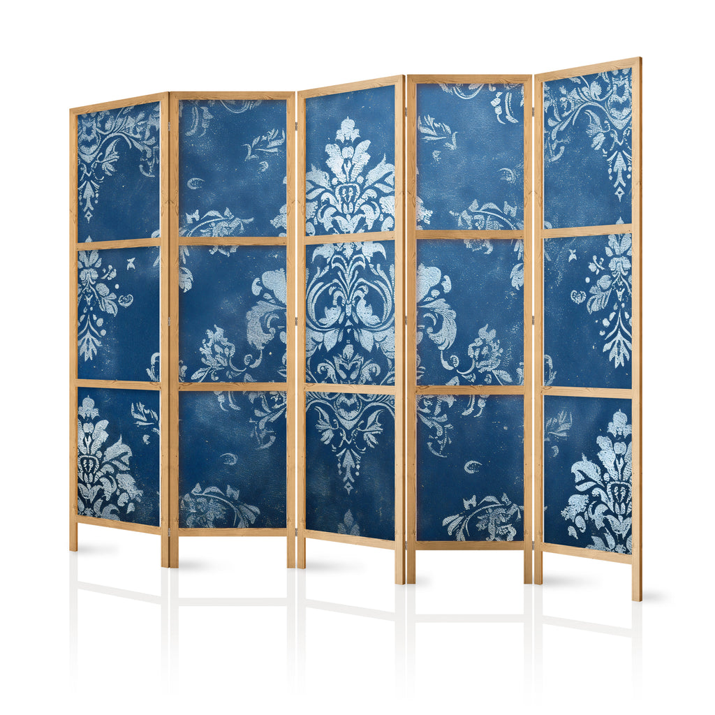 Japanese Room Divider 5-Panel Floral Screen in Blue