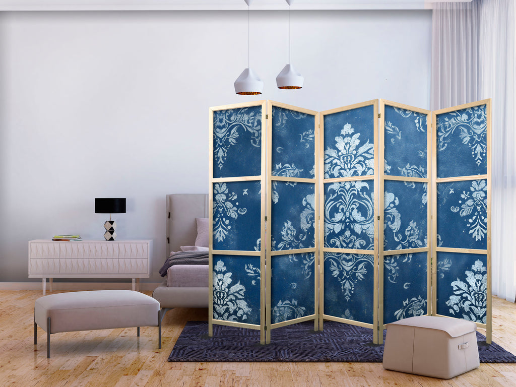 Japanese Room Divider 5-Panel Floral Screen in Blue