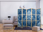 Japanese Room Divider 5-Panel Floral Screen in Blue