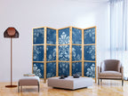 Japanese Room Divider 5-Panel Floral Screen in Blue
