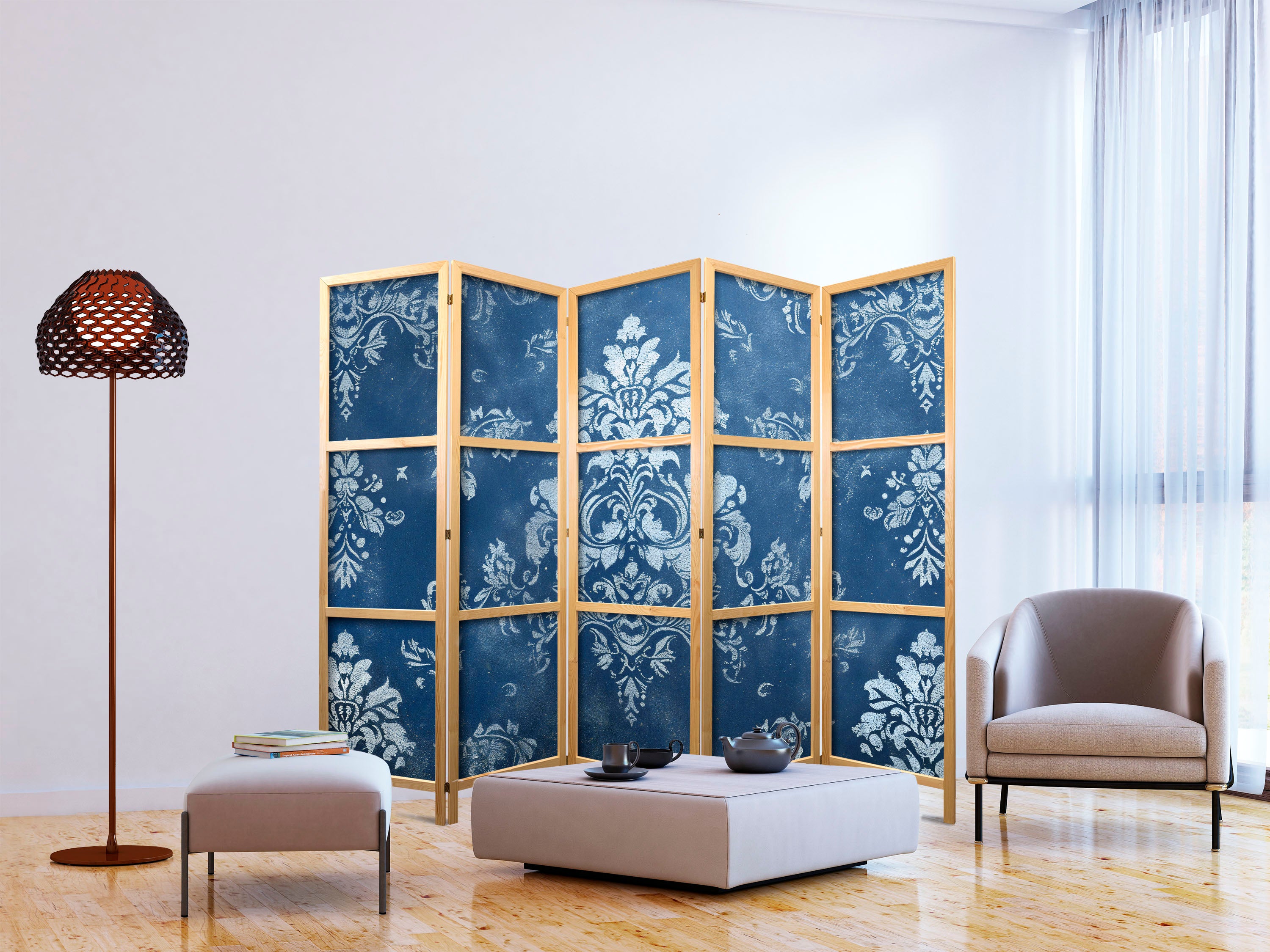 Japanese Room Divider 5-Panel Floral Screen in Blue