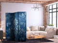 Retro Floral Ornament 3-Panel Room Divider in Rubbed Blues