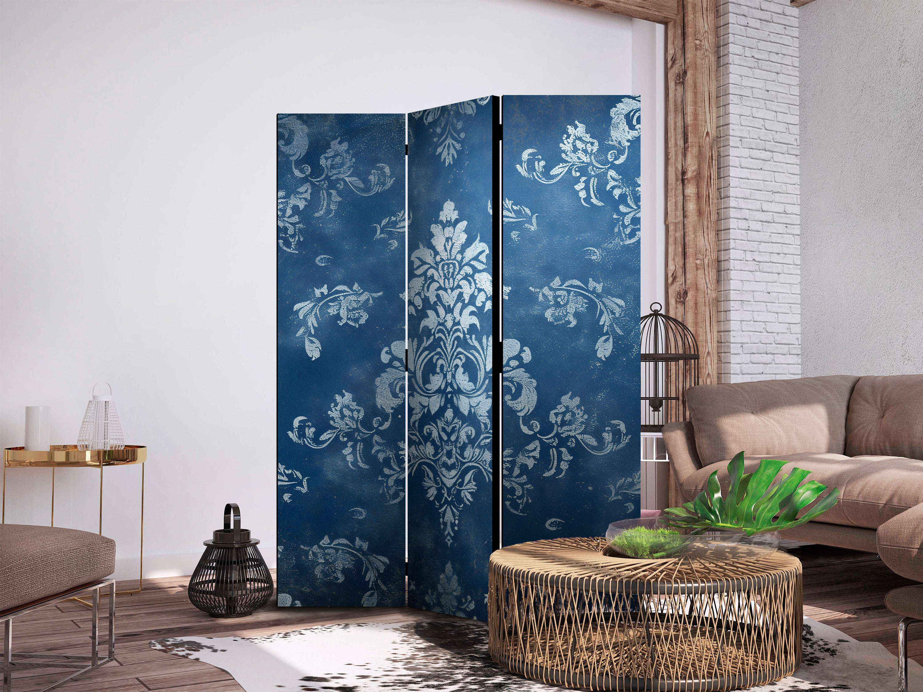Room Divider with Retro Ornament in Rubbed Blues