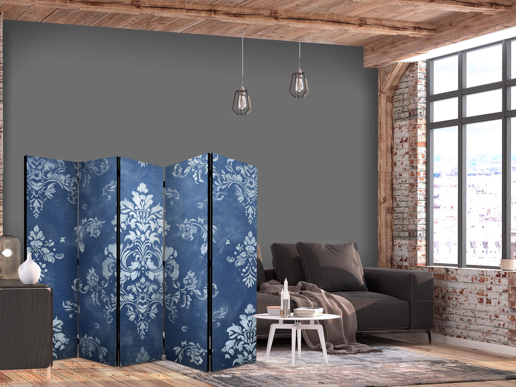 Room Divider Floral Screen - 5-Panel Blue & White