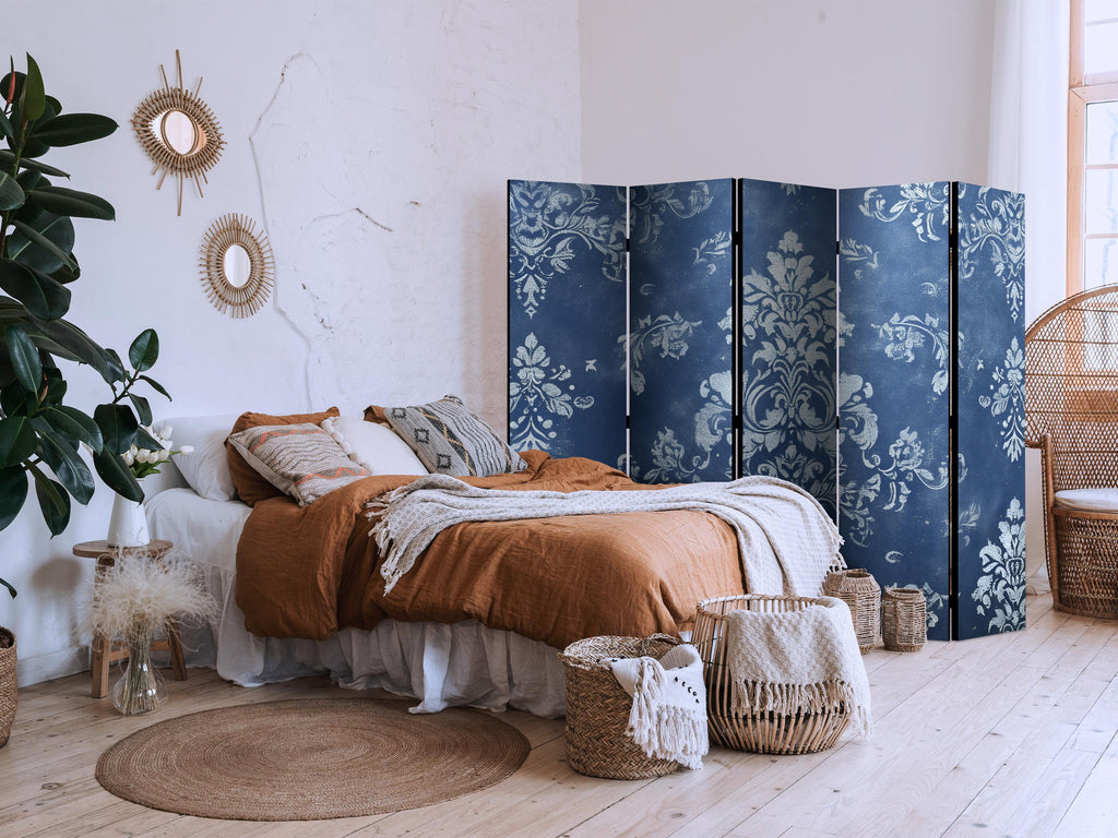 Room Divider Floral Screen - 5-Panel Blue & White