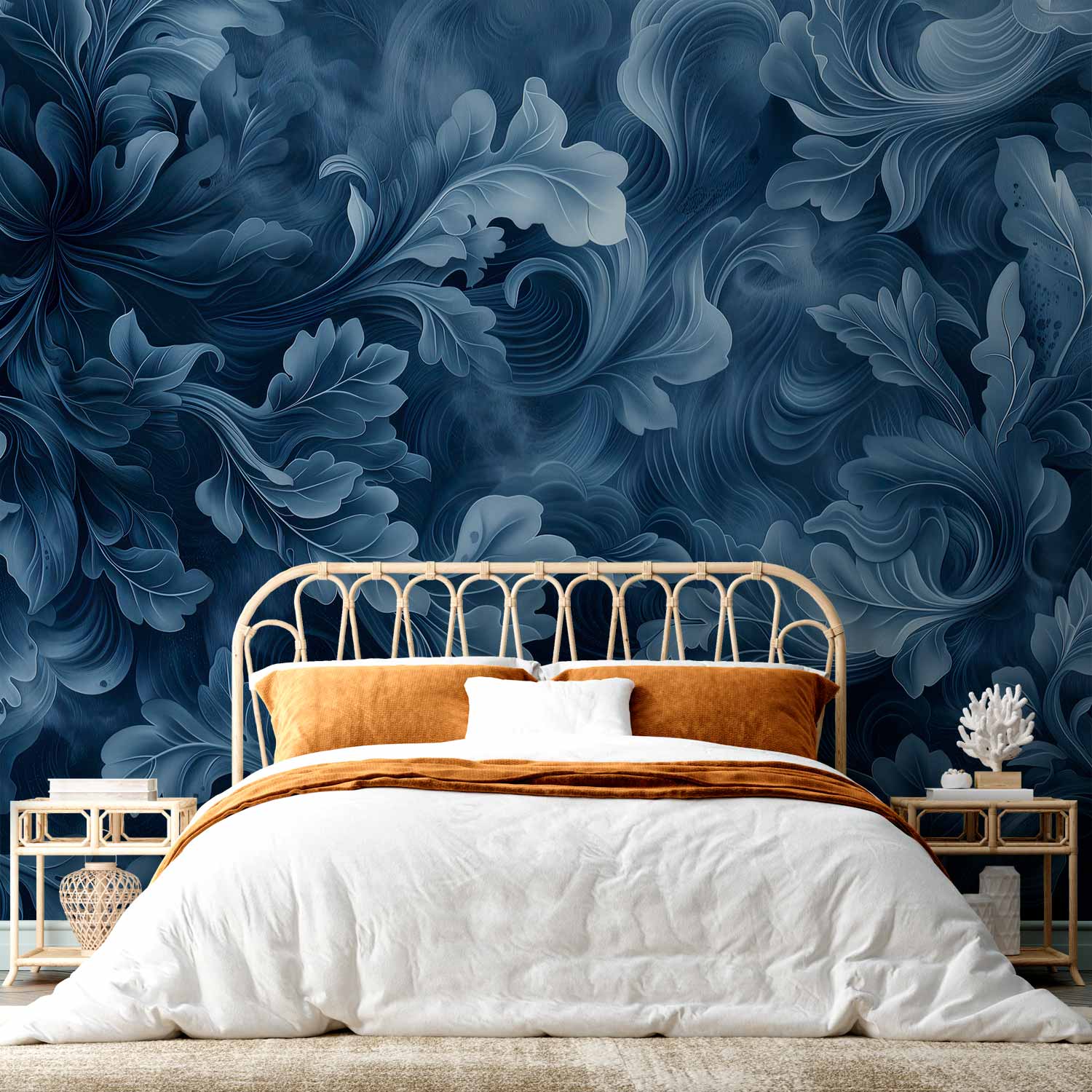 Dark Blue Victorian Leaf Ornament Wall Mural
