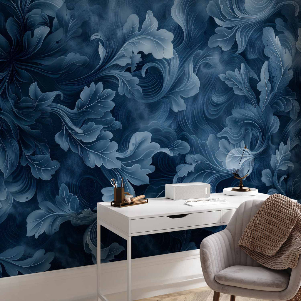 Dark Blue Victorian Leaf Ornament Wall Mural