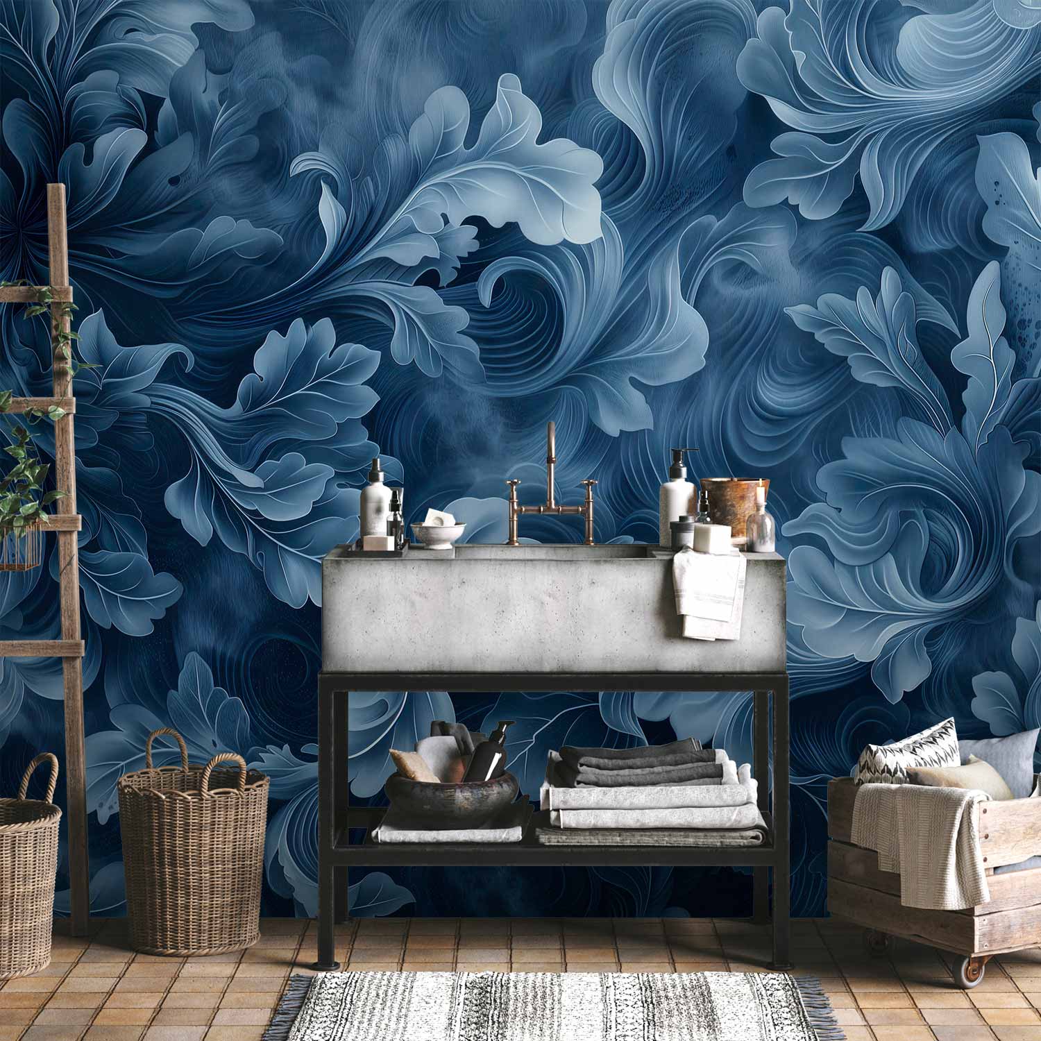 Dark Blue Victorian Leaf Ornament Wall Mural