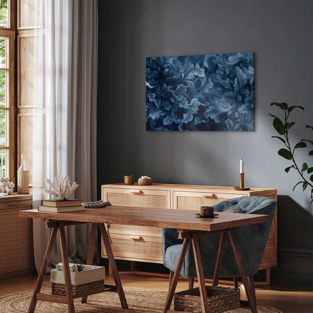 Abstract Dark Blue Victorian Leaves Canvas Print