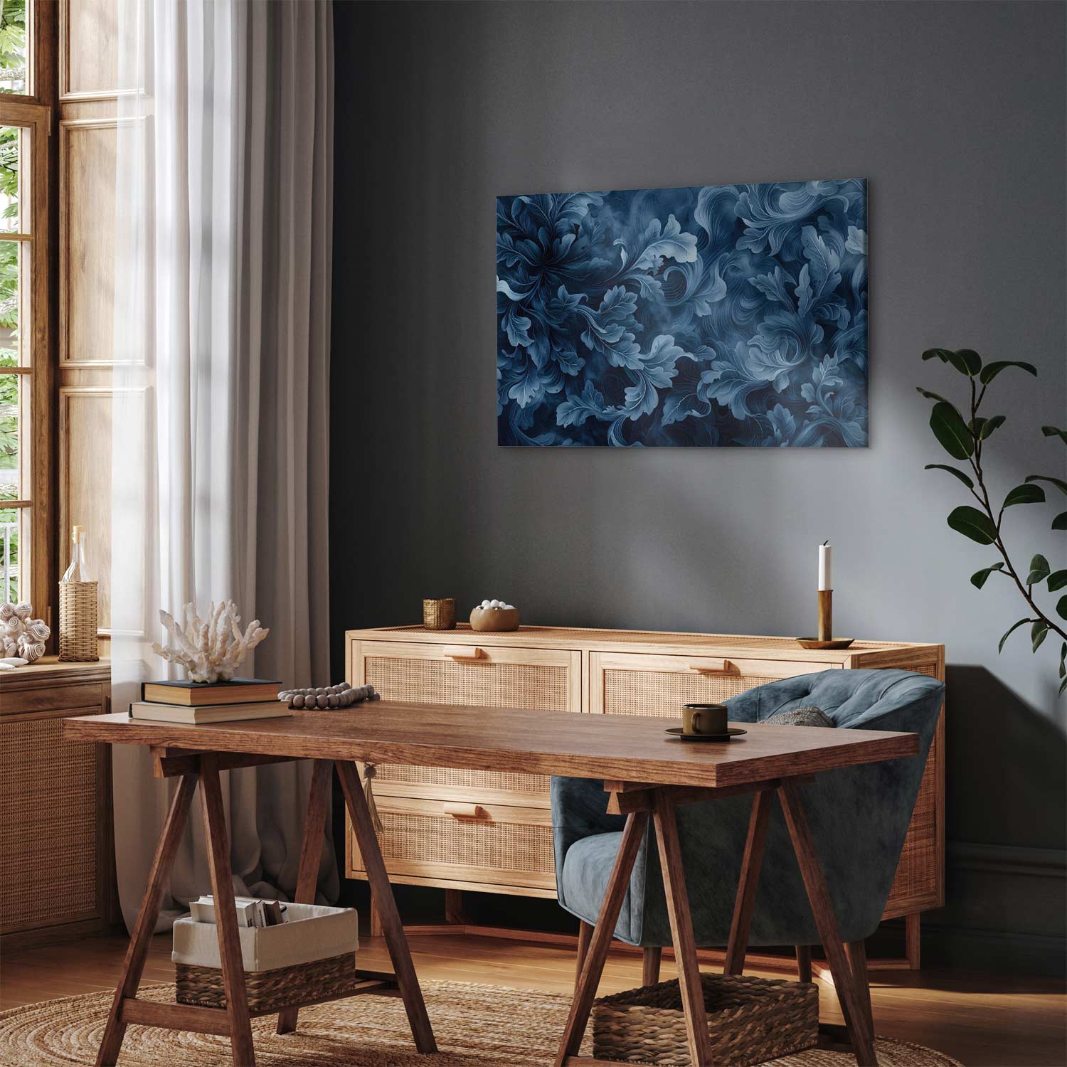 Abstract Dark Blue Victorian Leaves Canvas Print