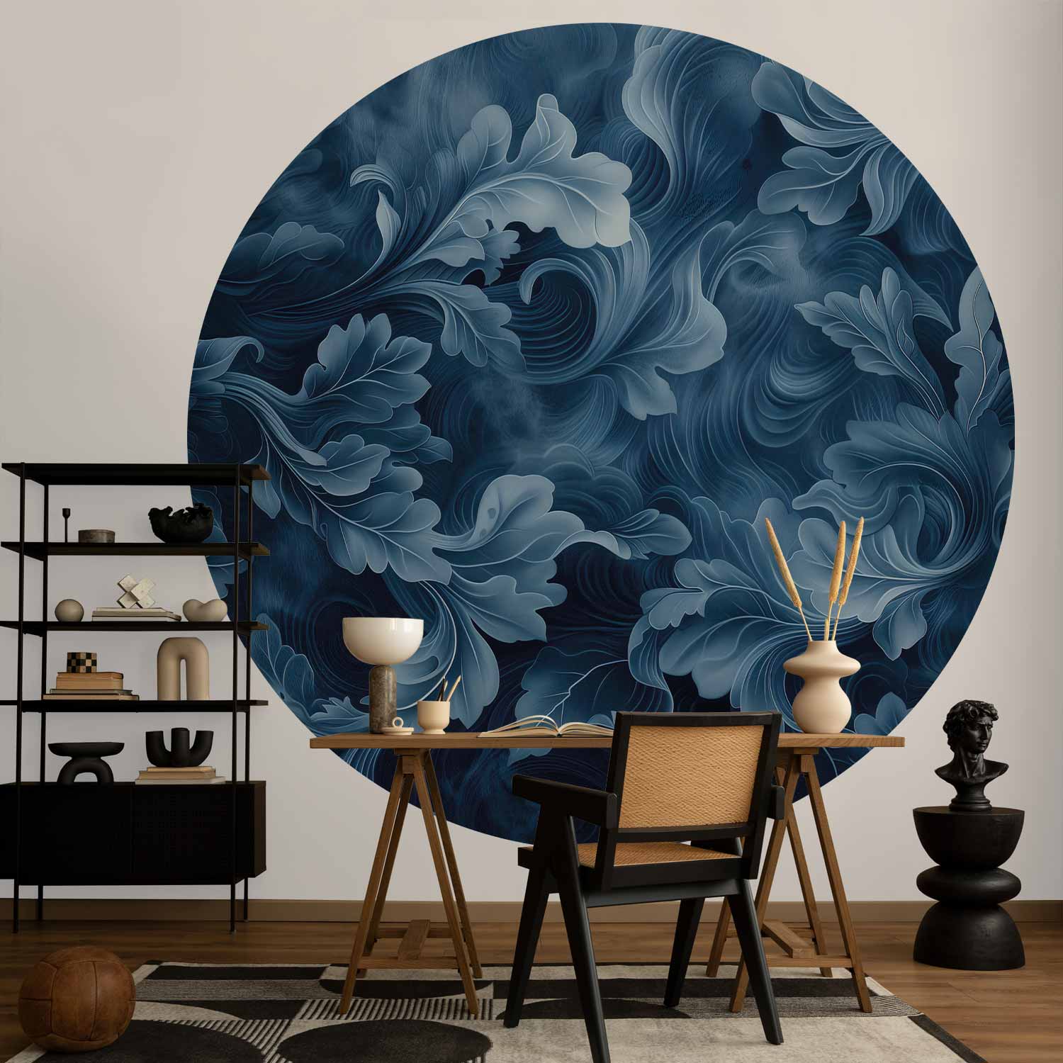 Dark Blue Baroque Ornament Abstract Round Wall Mural
