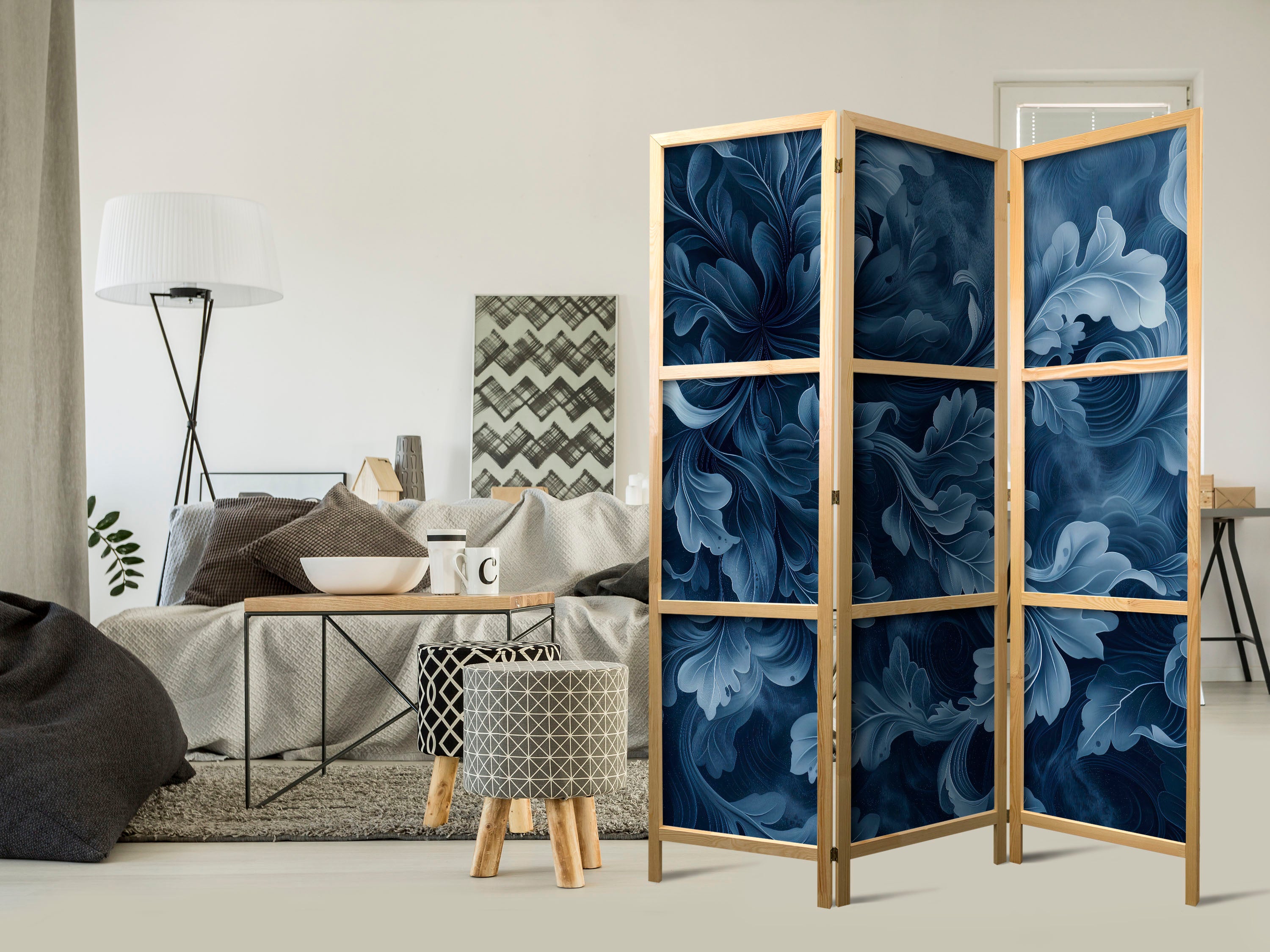 Room Divider with Abstract Ornaments in Dark Blue