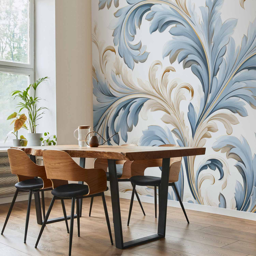 Baroque Ornament Light Cream-Blue Wall Mural